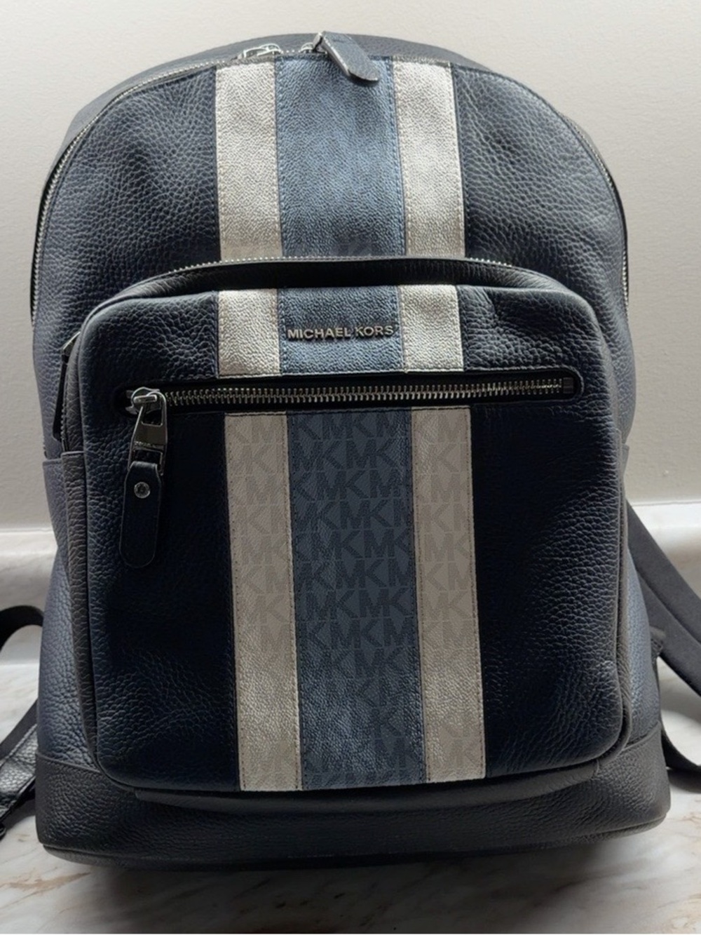 Michael Kors Hudson Pebbled Leather Logo Stripe Backpack